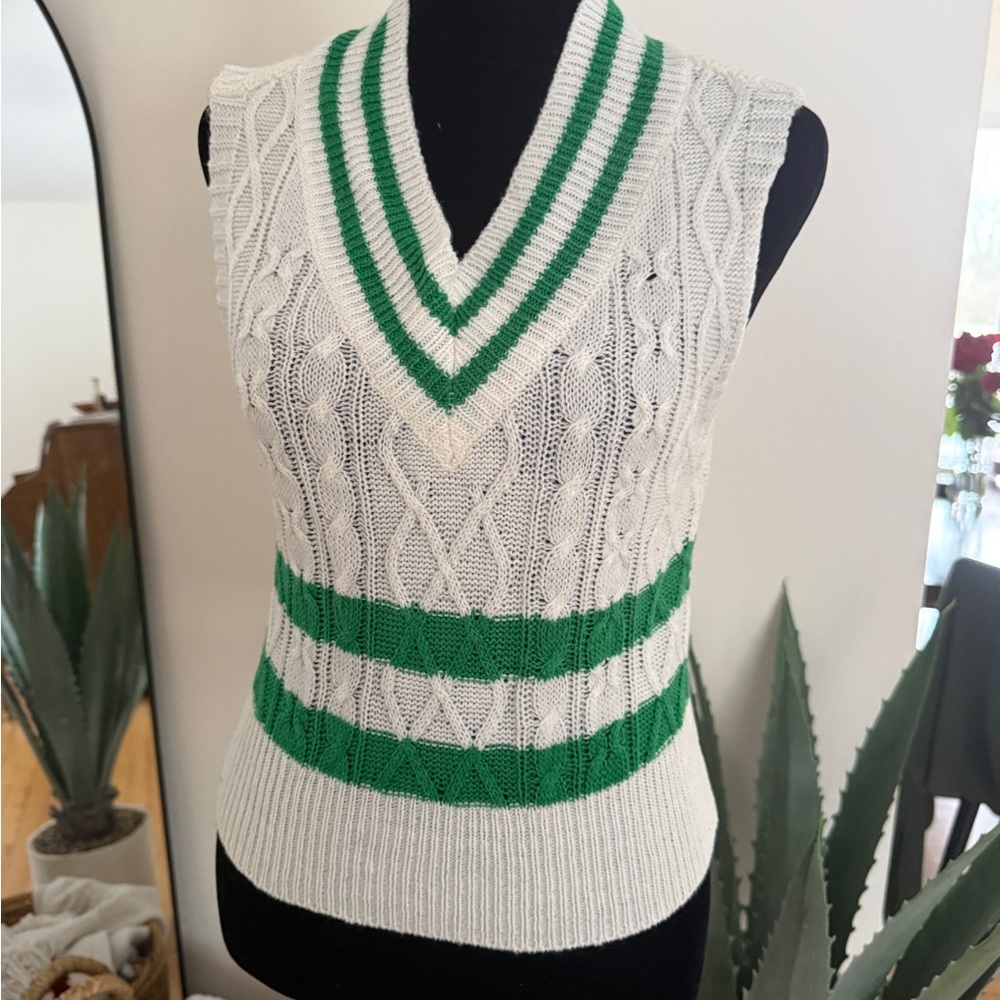 Green and White Cable Knit Sweater Vest
